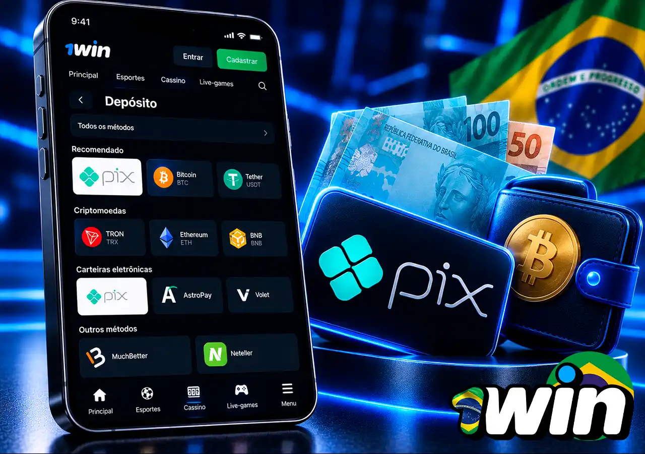 1win com Pix, reais e símbolo de carteira cripto em análise de pagamentos.